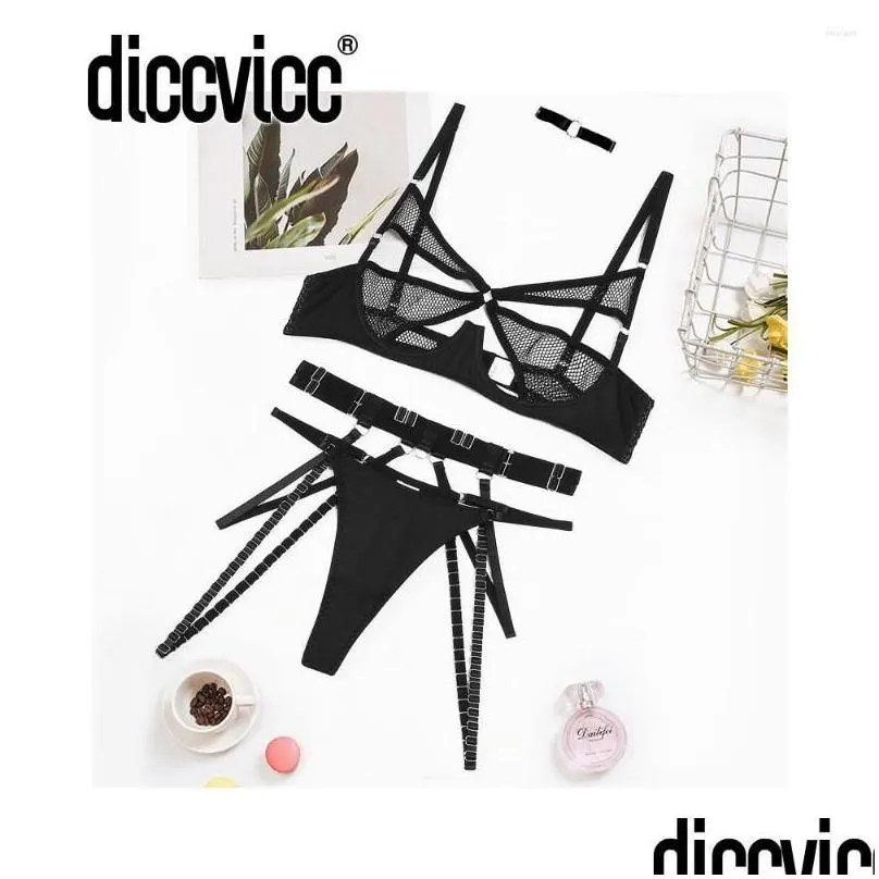 Bras Sets Diccvicc Sensual Lingerie Women Cut Out Bra Thong Set Fancy Garter See Through Mesh Sexy Underwear Erotic Outfit Intimate