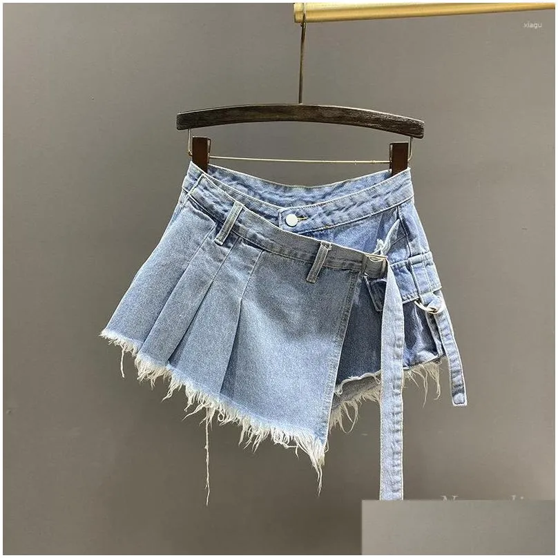 Skirts Irregular Pink Denim Skirt Women`s Summer High Waist Slimming False Two-Piece A- Line Workwear Short Mini 2023