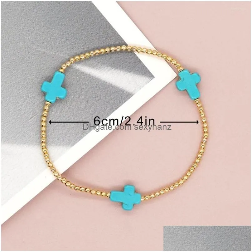 link bracelets bohemian summer beach turquoise cross charm pulsera women handmade stretch couple gift fashion jewelry gold plated bead