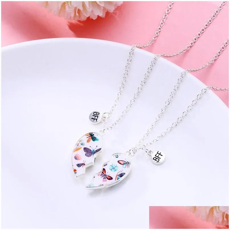 Pendant Necklaces Lovecryst 2Pcs/Set Cute Butterfly Heart-Shaped Magnetic Friend Necklace Bff Friendship Jewelry Gift For Girls Drop Dhuik