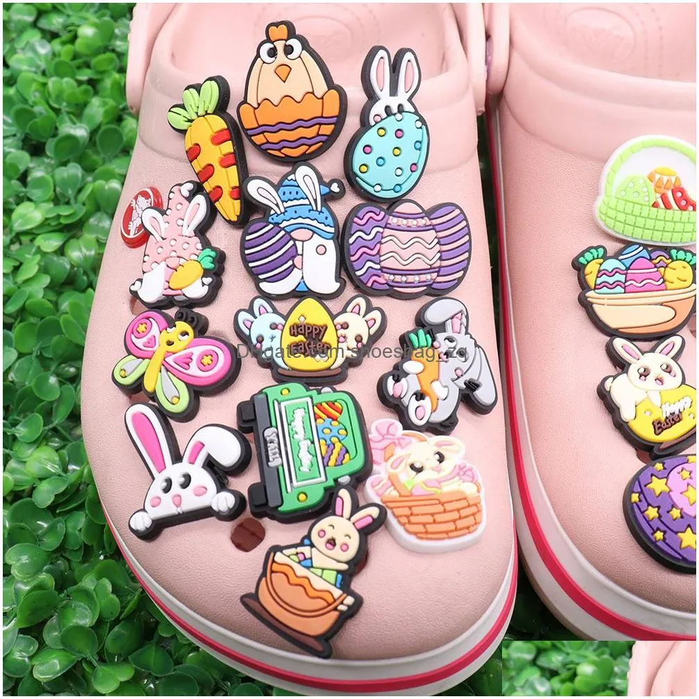 Wholesale 100Pcs PVC Rabbit Easter Egg Car Butterfly Carrot Shoe Charms Buckle Decorations For Bracelet Button Clog