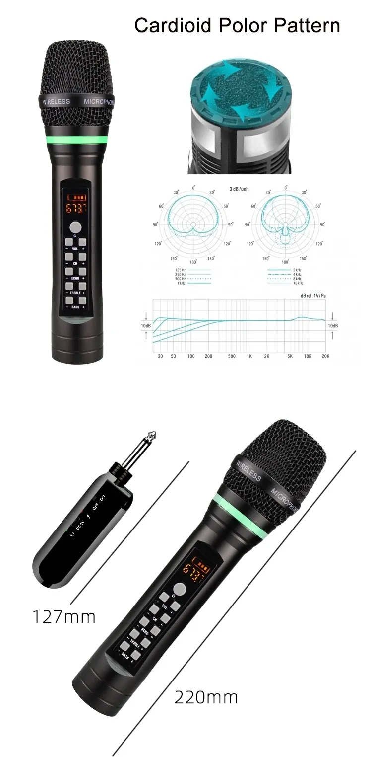 Rechargeable UHF Portable Wireless Karaoke Microphone Micro Echo Treble Bass Channel Selected with Receicer Home Microphones (5)