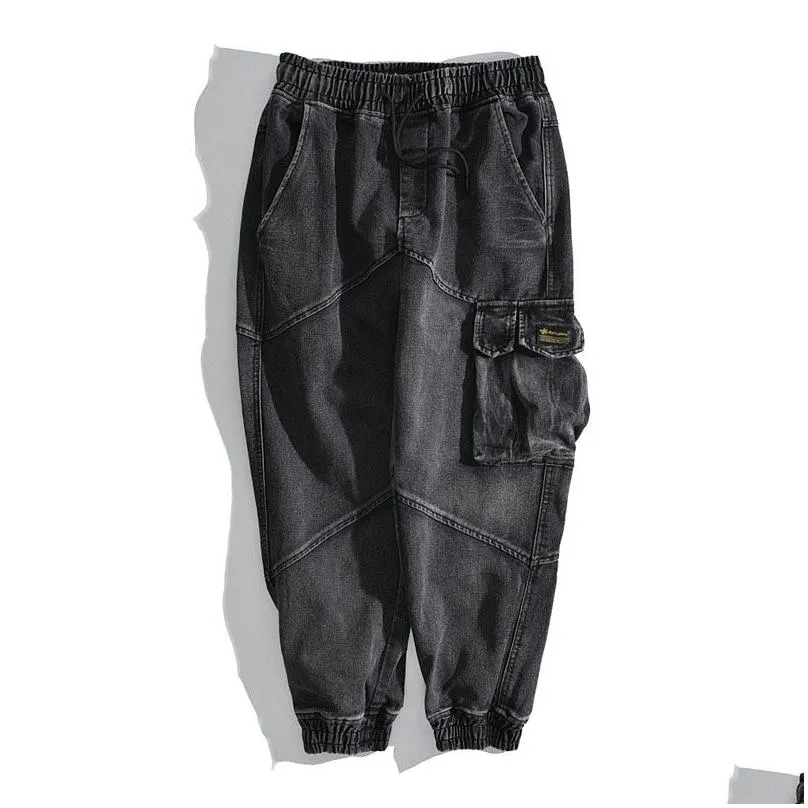 Japanese Fashion Men Jeans Loose Fit Black Gray Big Pocket Cargo Pants Vintage Designer Streetwear Hip Hop Jeans Men Joggers279Y
