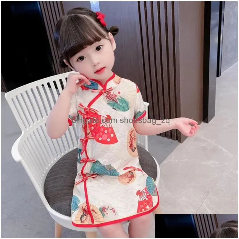 Girl`s Dresses Chinese Modern Style Kids Sexy Print Qipao Top Girl Summer Baby Traditional Cheongsam Year Party Children ClothesGirl`s