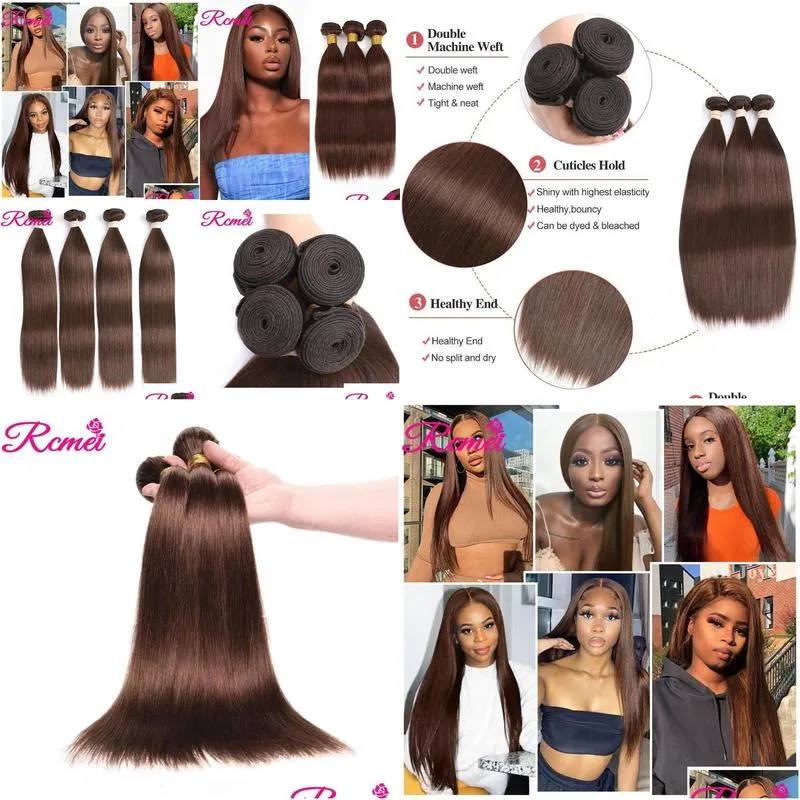 PureColored 4 Chocolate Brown Bone Straight Human Hair Weave 134 Bundles 10A Brazilian Remy s For Women 240327