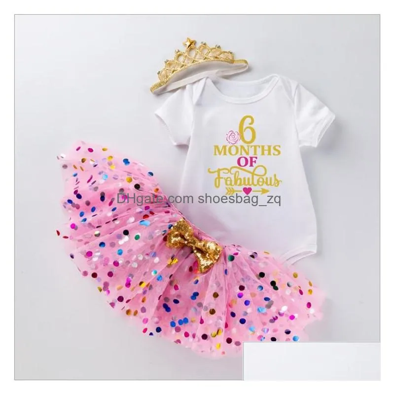New Baby Girl Set 3pcs Letter Print Romper Top Dotted Tutu Skirt and Crown Headband Clothes Outfit for First Birthday6564502