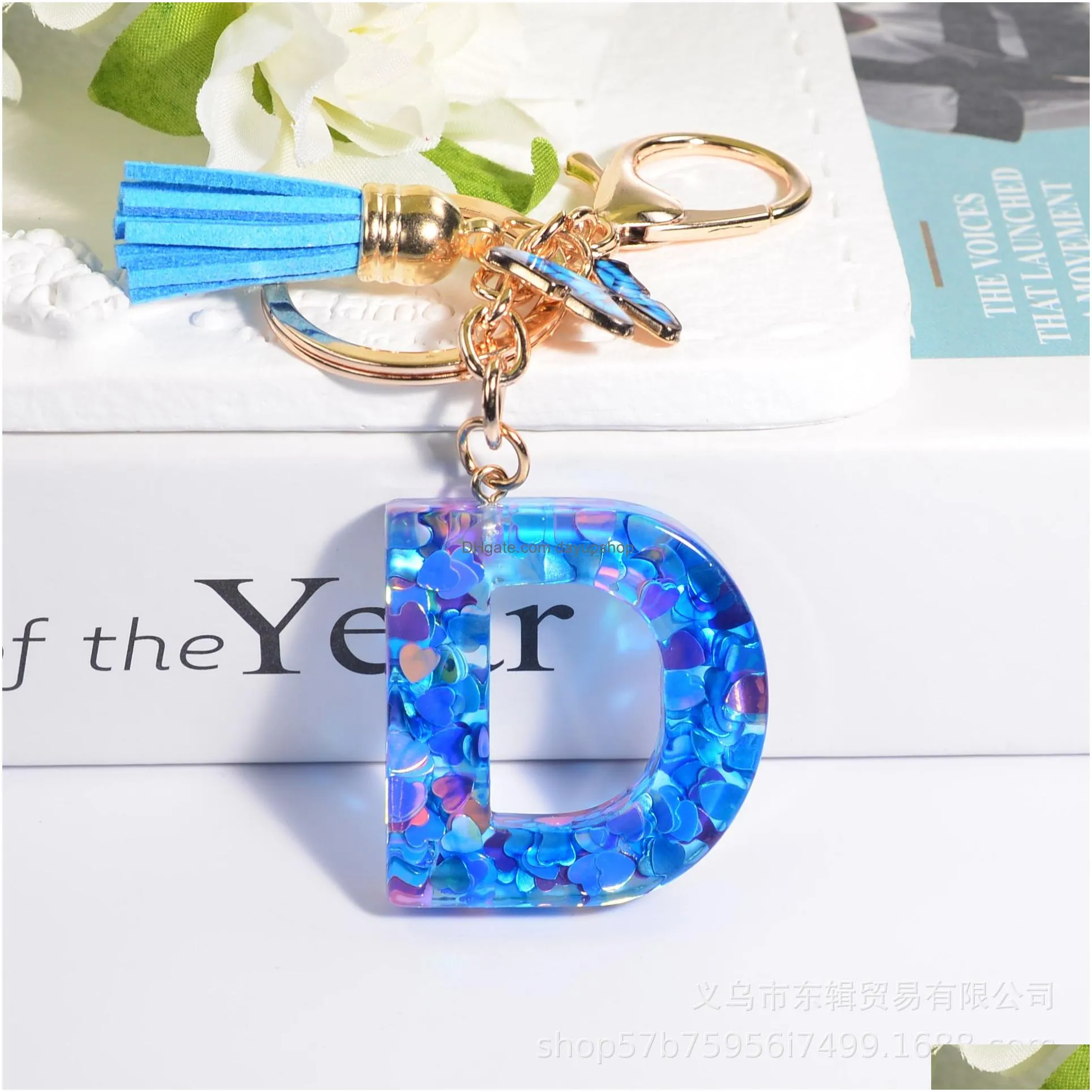 Key Rings Initialletter Keychain Resin Blue Love Handmade Crystal Epoxy Butterfly Tassel Pendant For Drop Delivery Jewelry Dhno5