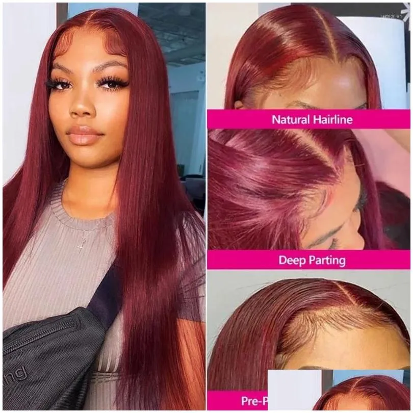 Red Burgundy 99J Transparent 13x6 Lace Front Human Hair Wig Straight 13x4 HD Frontal For Women Colored