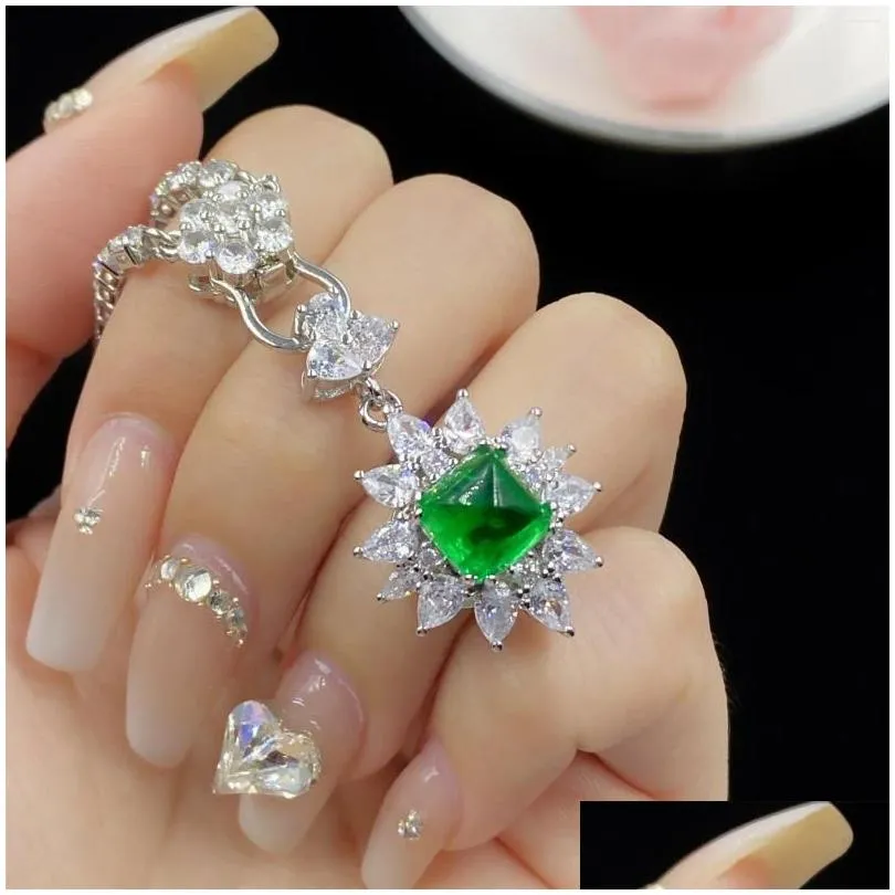Chains Emerald Sugar Tower Back Cover Princess Full Diamond Open Ring Women`s Temperament Pendant Earrings Set