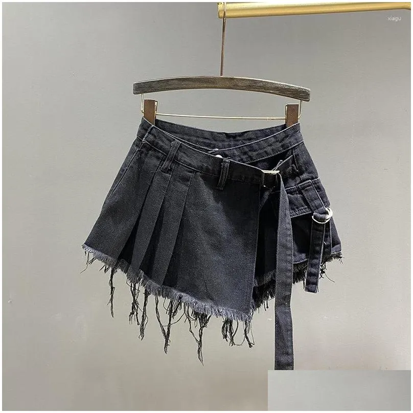 Skirts Irregular Pink Denim Skirt Women`s Summer High Waist Slimming False Two-Piece A- Line Workwear Short Mini 2023