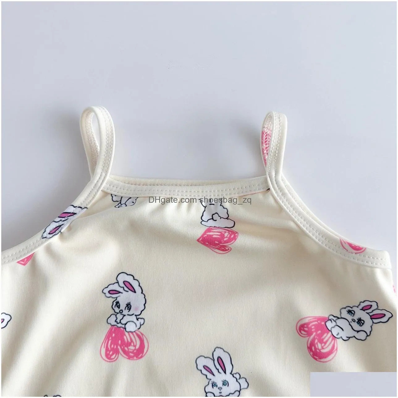 TwoPieces Summer Thin Baby Love Print Swimwear Boy Girl Infant Suspenders BodysuitCap 2pcs Children Cute Cartoon Rabbit Swimsuit
