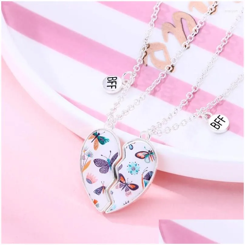 Pendant Necklaces Lovecryst 2Pcs/Set Cute Butterfly Heart-Shaped Magnetic Friend Necklace Bff Friendship Jewelry Gift For Girls Drop Dhuik