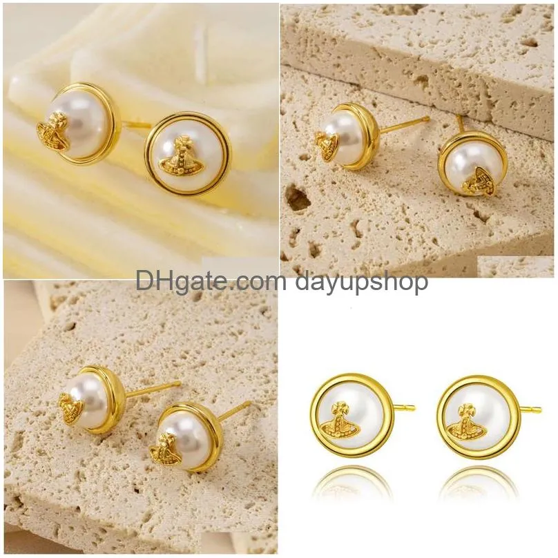 Stud Designer High Quality Western Empress Dowager Round Small Pearl Exquisite Light Fashion Versatile Earrings Live Broadcast Drop D Dh7Tu