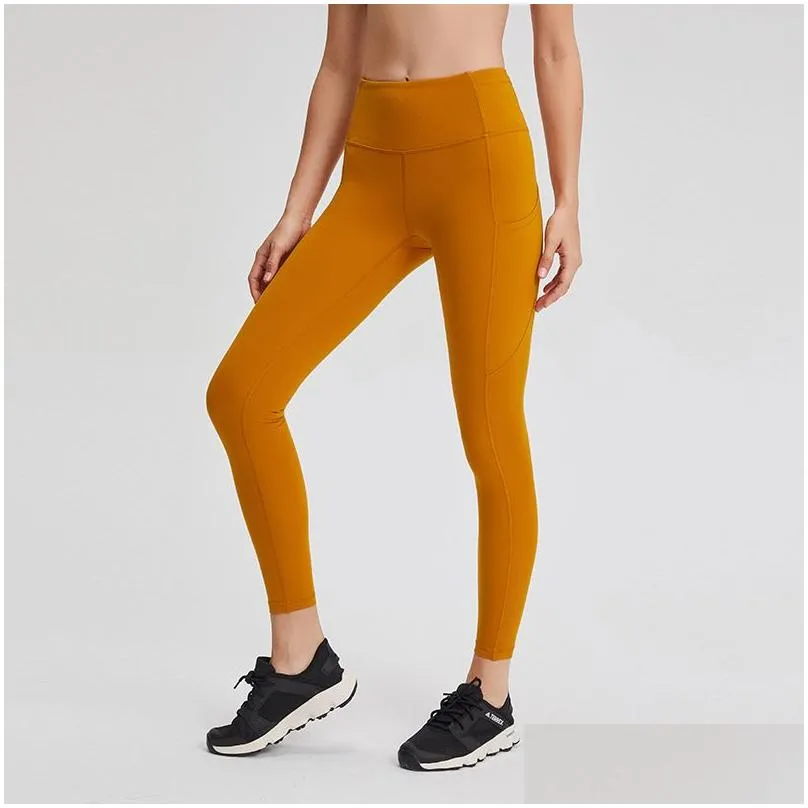 L021 Women Yoga Pants With Pocket Girls Running Outfit Fitness Tights Leggings Solid Color Lady High Waist Sports Trousers