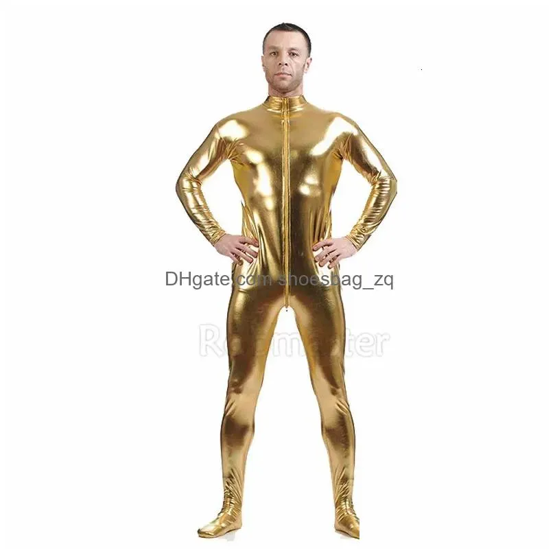 Men Latex Suit Black Shiny Metallic Tights Gold Zentai headless Unitard Skin Bodysuit Zipper Front Jumpsuit 231221