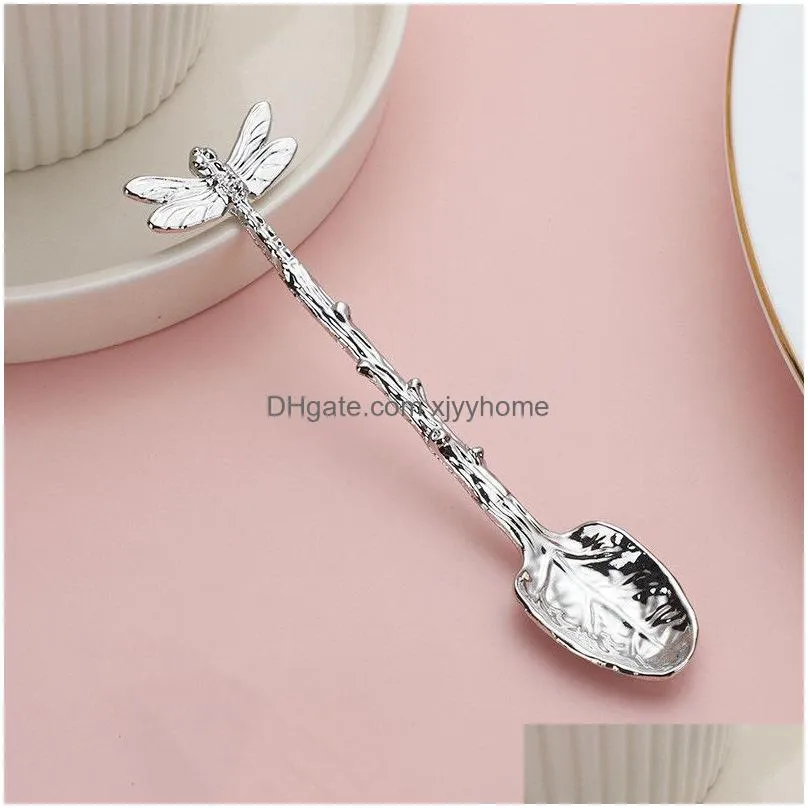 Spoons 5 Colors New Retro Forest Style Coffee Spoon Dessert Dragonfly Branch Leaf Lx4632 Drop Delivery Home Garden Kitchen, Dining Bar Dhevn