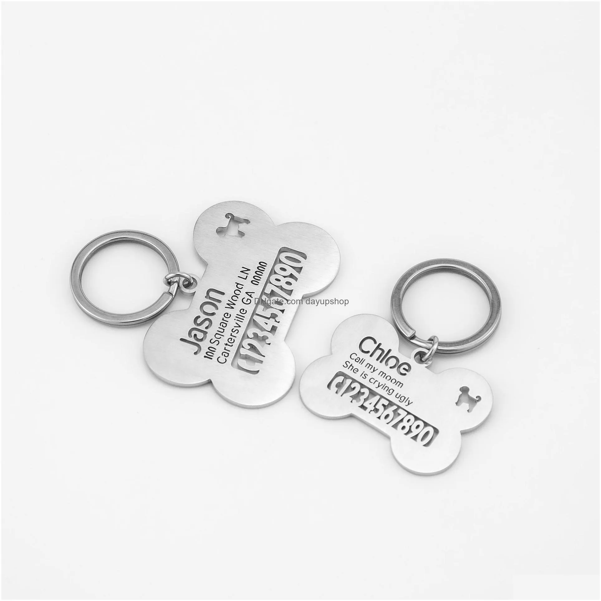 Key Rings Custom Personalized Name Keychain Stainless Steel Designed With Bone Contact Phone Number Pet Pendant Drop Delivery Jewelry Dhwse