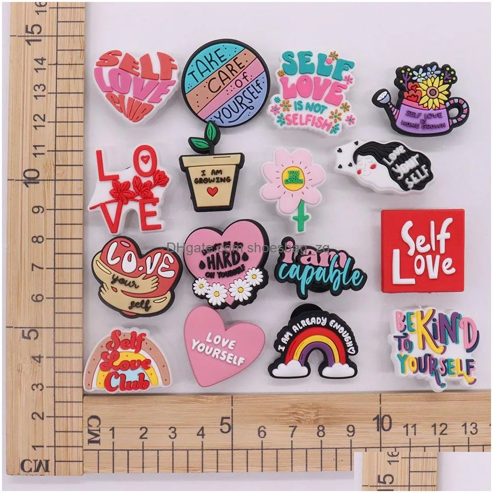 Wholesale 100Pcs PVC Self Love Club Take Care of Yourself Sandals Buckle Shoe Charms Woman Decorations For Backpack Button Clog