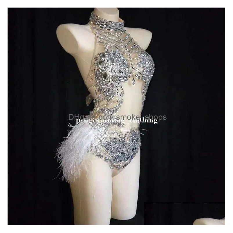 k32 silver sexy female bodysuit dj singer jumpsuit stage wears dresses feather crystal outfit pole dance costumes party ballroom
