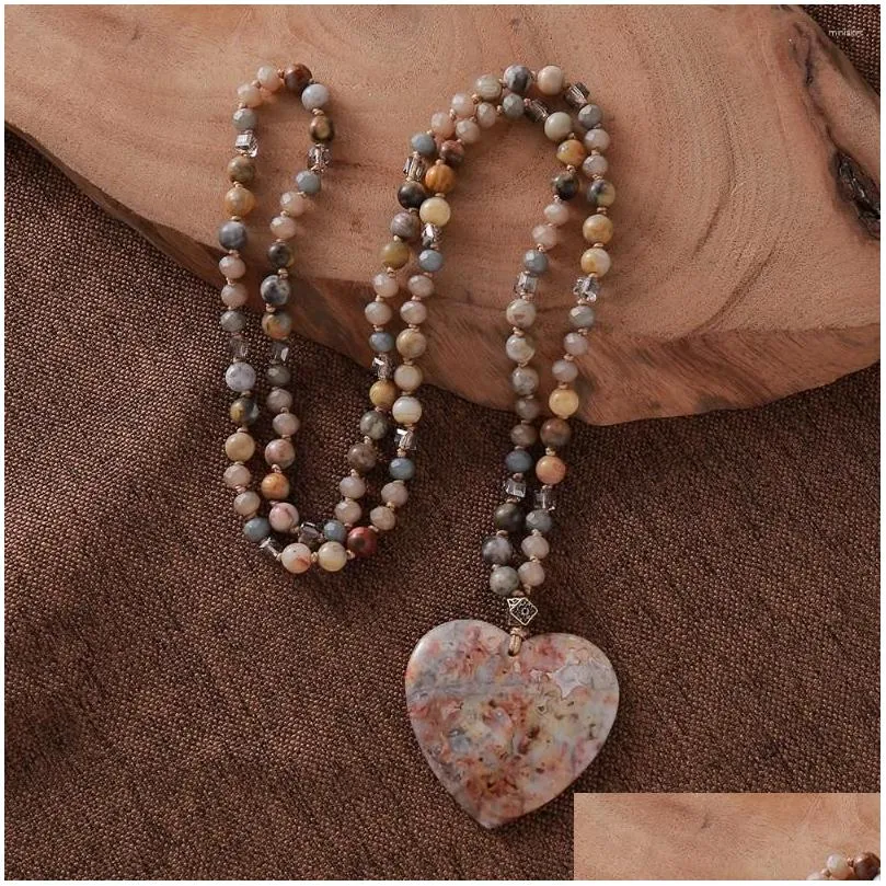 Pendant Necklaces Loving Natural Stones Heart Shape Handmade Knotted Beaded Necklace
