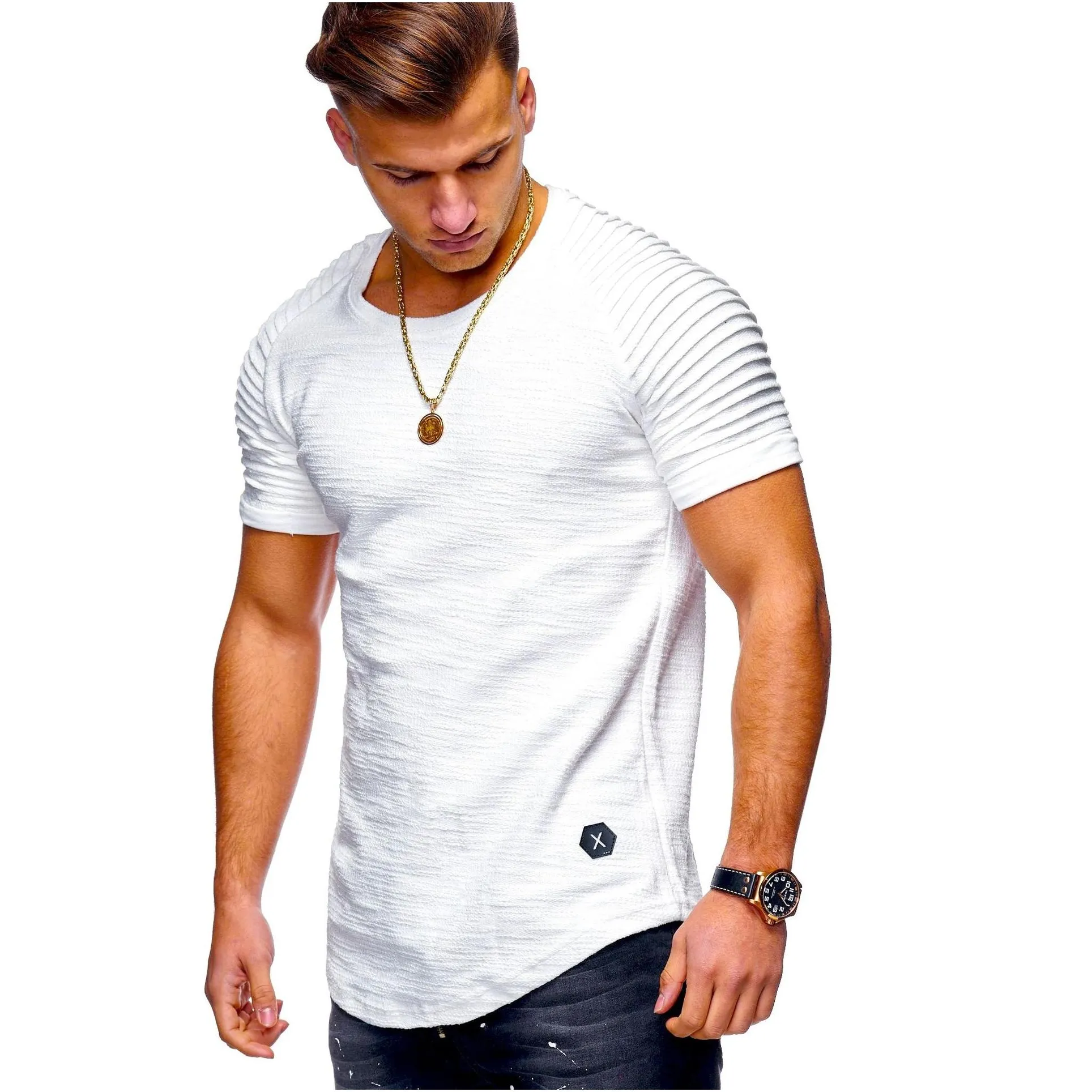 Men`S T-Shirts Short Sleeve Men T Shirt Pleated Shoder Jacquard Striped Slim Fit Tshirt Longline Hem Hip Hop Streetwear4753017 Drop De Dhmuy