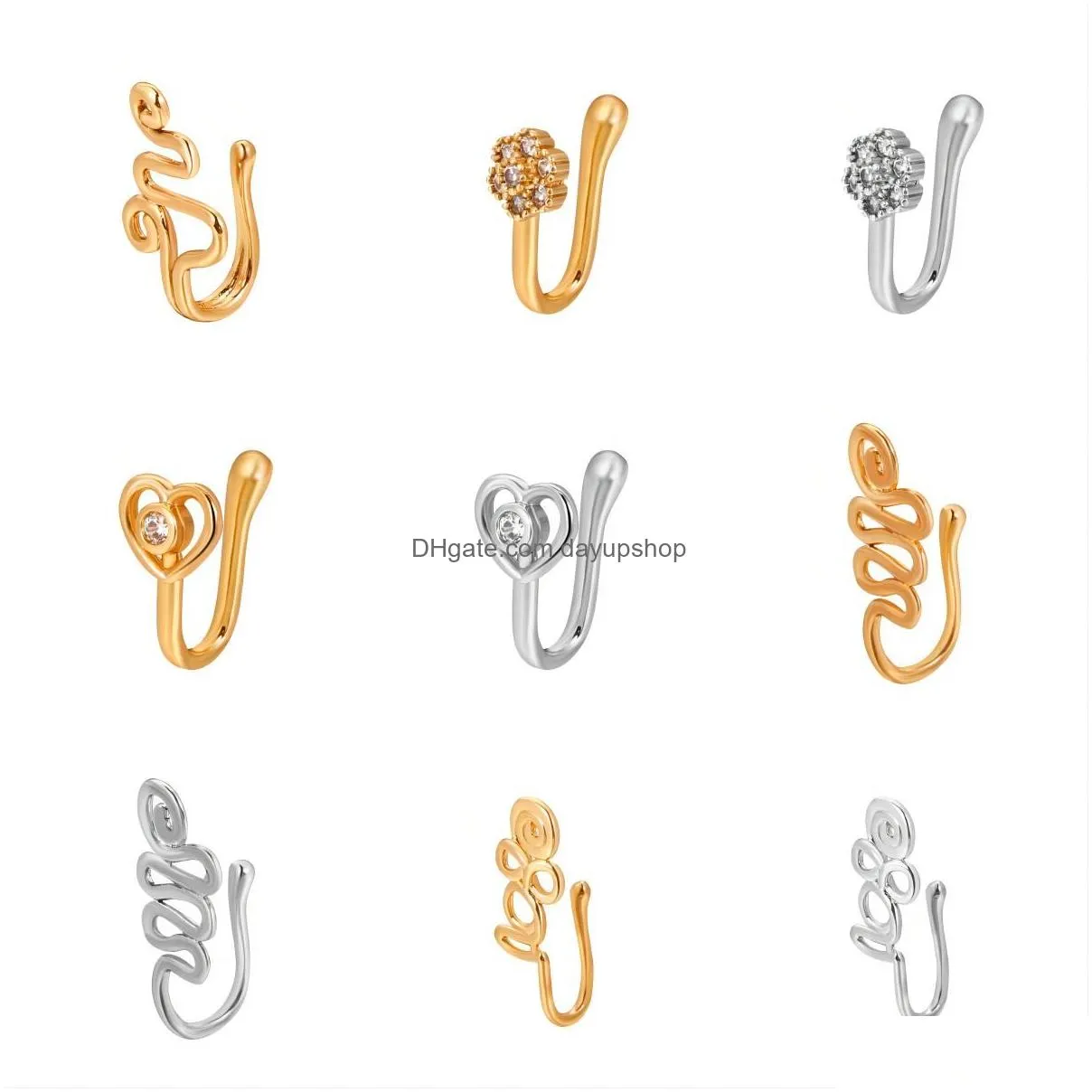 Nose Rings & Studs Creative Non-Perforated U-Shaped Clip Ring Copper Inlaid Zircon Star Love Crown Pierced Piercing Drop Delivery Jew Dh0Ev