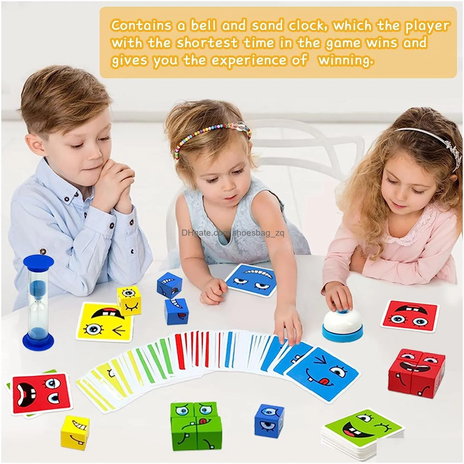 Upgraded Expression Puzzle Toys Building Cubes Wooden Face Changing Cube Build Blocks Toy with Bell and Sand Clock Matching Board Games for Kids Ages 3 Years and