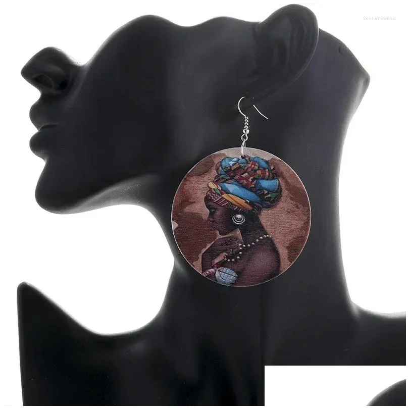 Dangle Earrings Fashion Vintage Wooden Disc Men Women Painted African Head Double Sided Printed Exaggerated Jewelry Gift