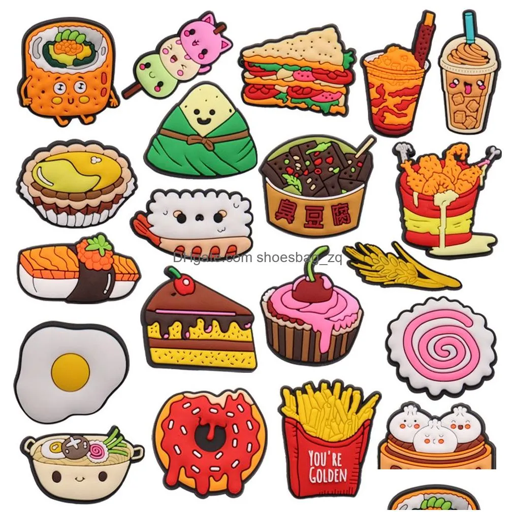 MOQ 20Pcs PVC Cartoon Food Cake Donut Leopard Sushi Fried Chicken Stinky Tofu Shoe Charms Parts Accessories Buckle Clog Buttons Pins Wristband Bracelet