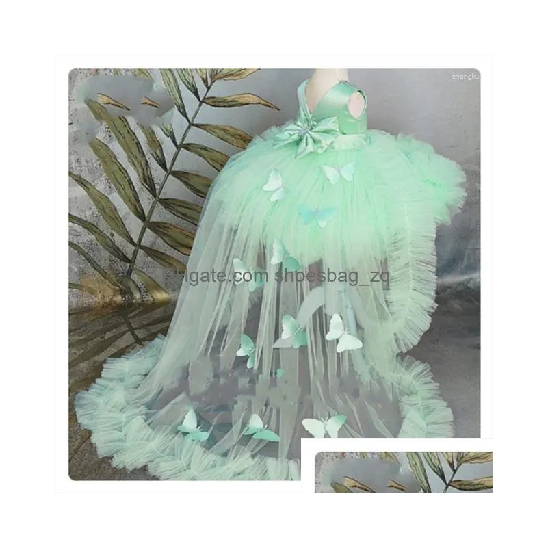 Girl Dresses Baby Puffy Baptism Customize Flower Train Bow Cute Kid`s Child Birthday Gown First Communion Wedding