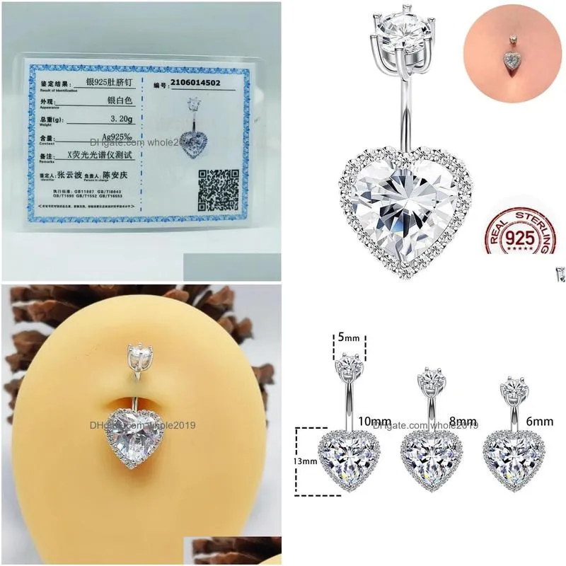 Pins, Brooches Jewelry 925 Sterling Sier Belly Button Ring Women Fine Heart Cz Body Piercing 6 8 10 Mm Navel Bar Zircon Stones Drop D Dhejz