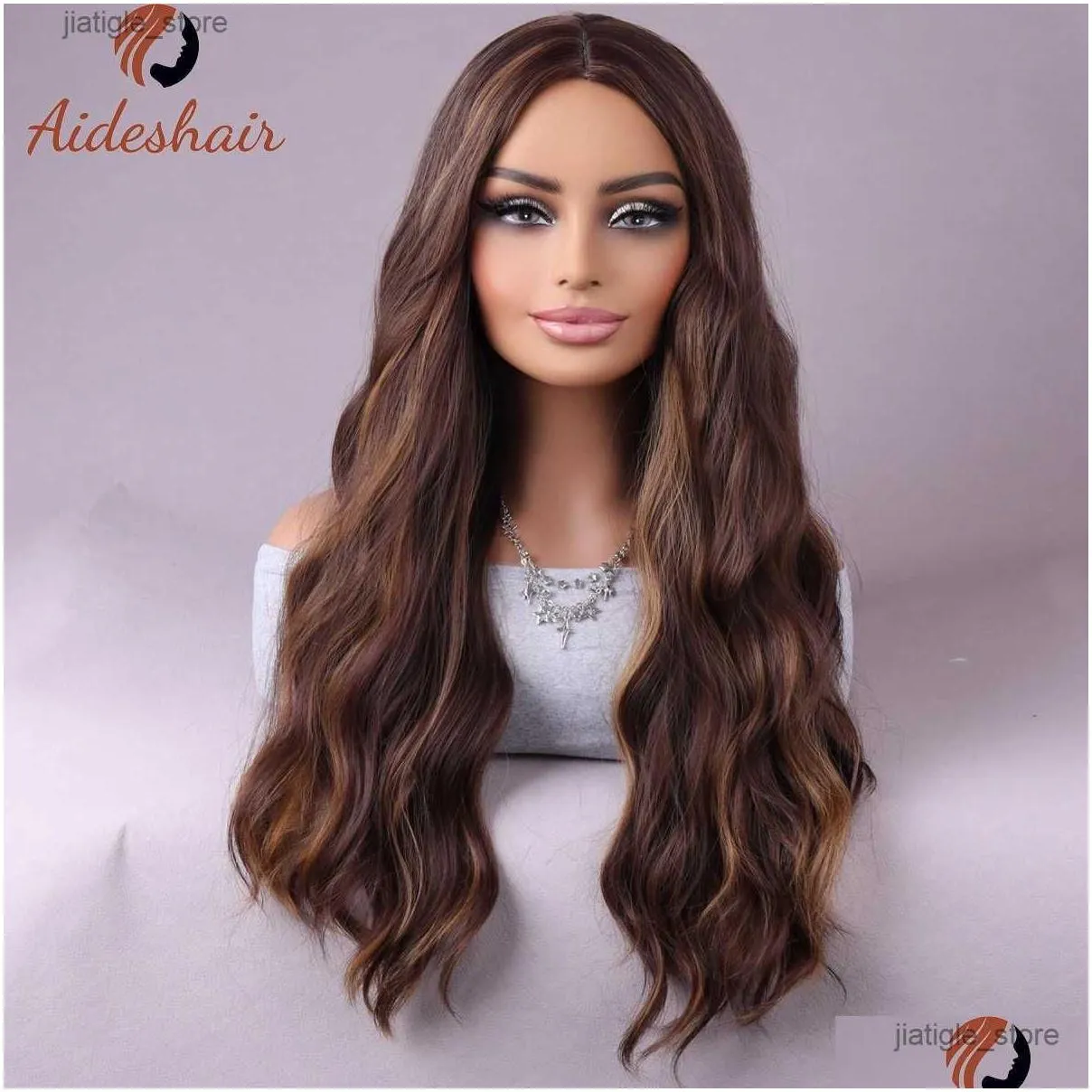 Synthetic Wigs Long mixed brown highlights Wavy wig for women natural synthetic curly wig Heat resistant fiber wig for everyday Cosplay