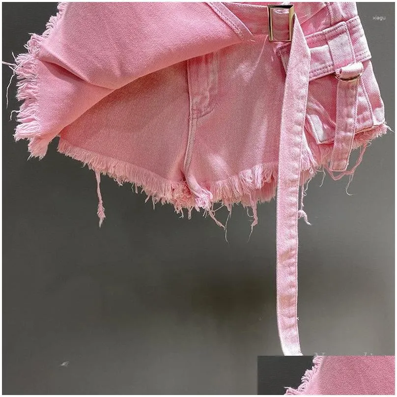 Skirts Irregular Pink Denim Skirt Women`s Summer High Waist Slimming False Two-Piece A- Line Workwear Short Mini 2023