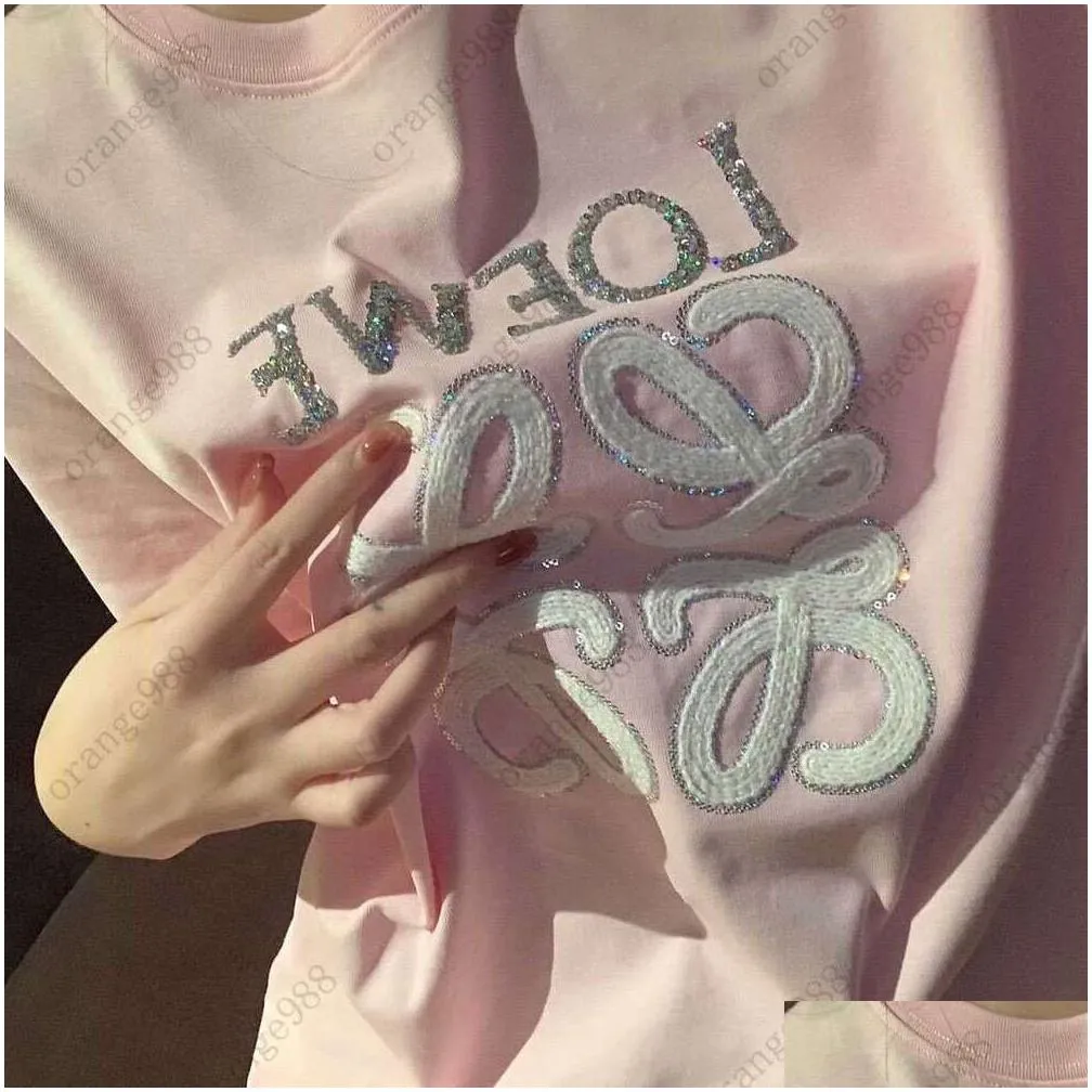 Low Home 23 New Sequin T-shirt for Women Heavy Industry Nightlight Embroidery Letters Fashion Casual Special Highlighting Personality