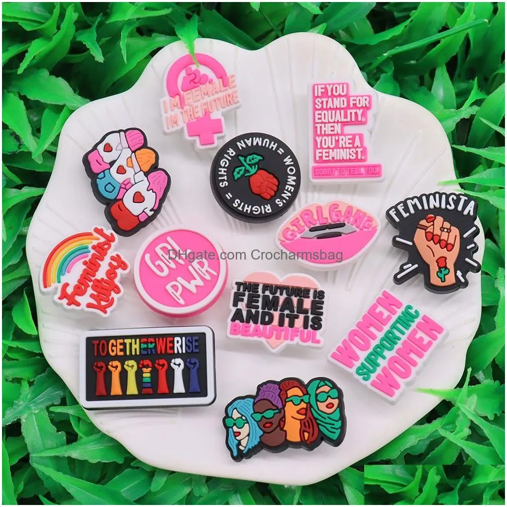 Shoe Parts & Accessories Moq 20Pcs Women Support Grl Pwr Feminist Girl Gang Pvc Decoration Charm Buckle Clog Pins Buttons Decorations Dhq87