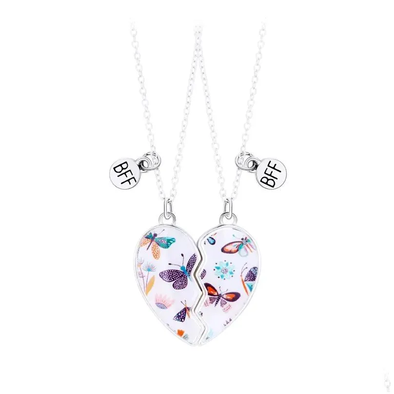 Pendant Necklaces Lovecryst 2Pcs/Set Cute Butterfly Heart-Shaped Magnetic Friend Necklace Bff Friendship Jewelry Gift For Girls Drop Dhuik