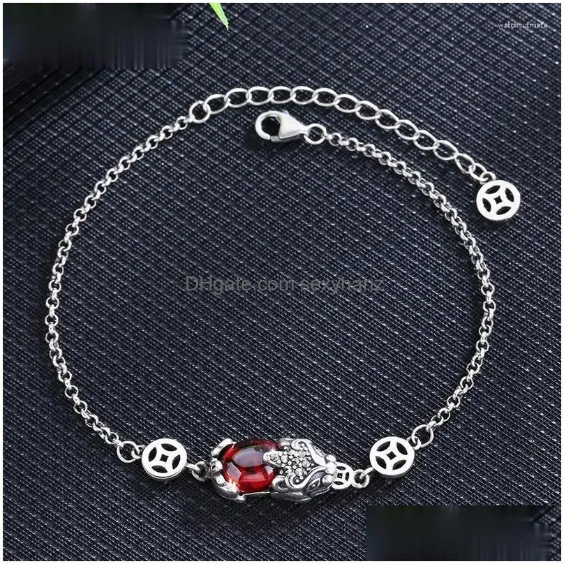 link bracelets vintage silver color womens pi xiu bracelet red gems chain for feng shui wealth healthy good lucky jewelry