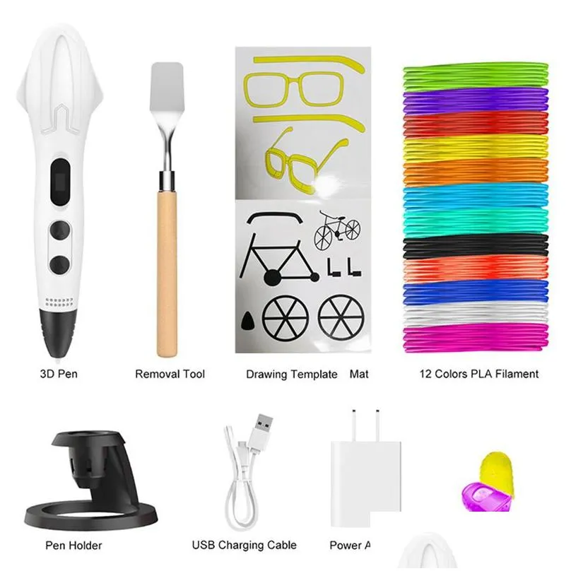 LED Display 3D Printer Printing Pen With 12 Colors 175mm PLA Filament Arts Drawing Painting Pens Gift for Kids1528984