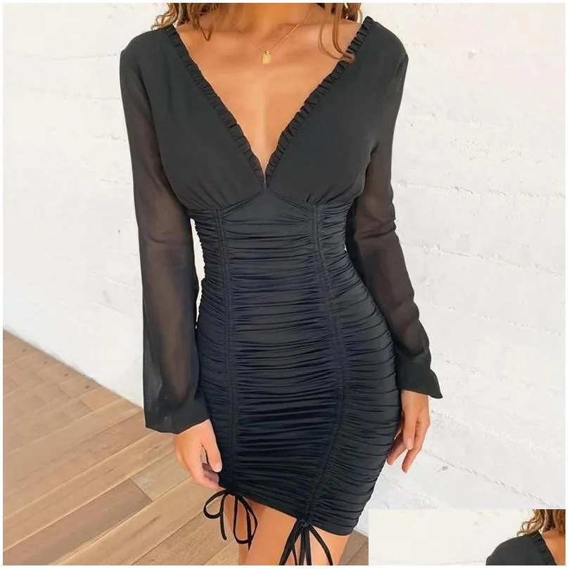 Basic & Casual Dresses See Through Mesh Long Sleeve Dress Summer Women Y Deep V-Neck Backless Dstring Ruched Bodycon Woman Clubbing D Dhp5U