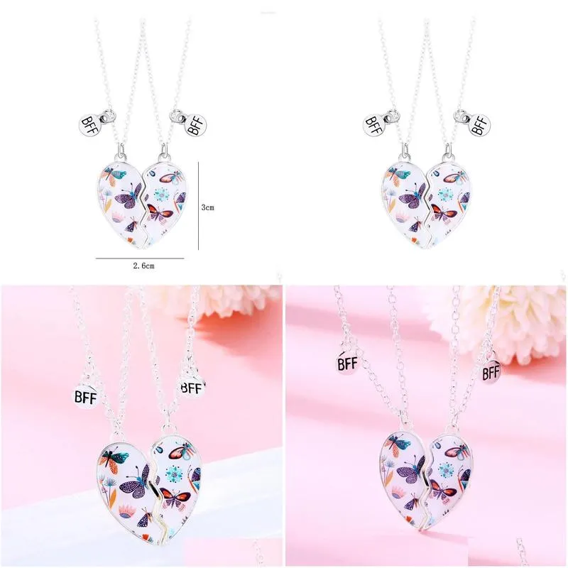 Pendant Necklaces Lovecryst 2Pcs/Set Cute Butterfly Heart-Shaped Magnetic Friend Necklace Bff Friendship Jewelry Gift For Girls Drop Dhuik