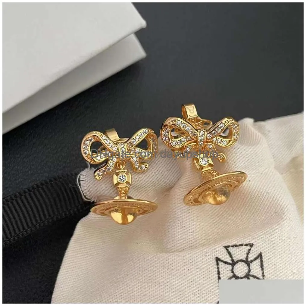 Charm Quality Designer High Empress Dowager Xis Three-Nsional Bow Crystal Earrings Light Fashionable Temperament Simple Versatile And Dhjcd