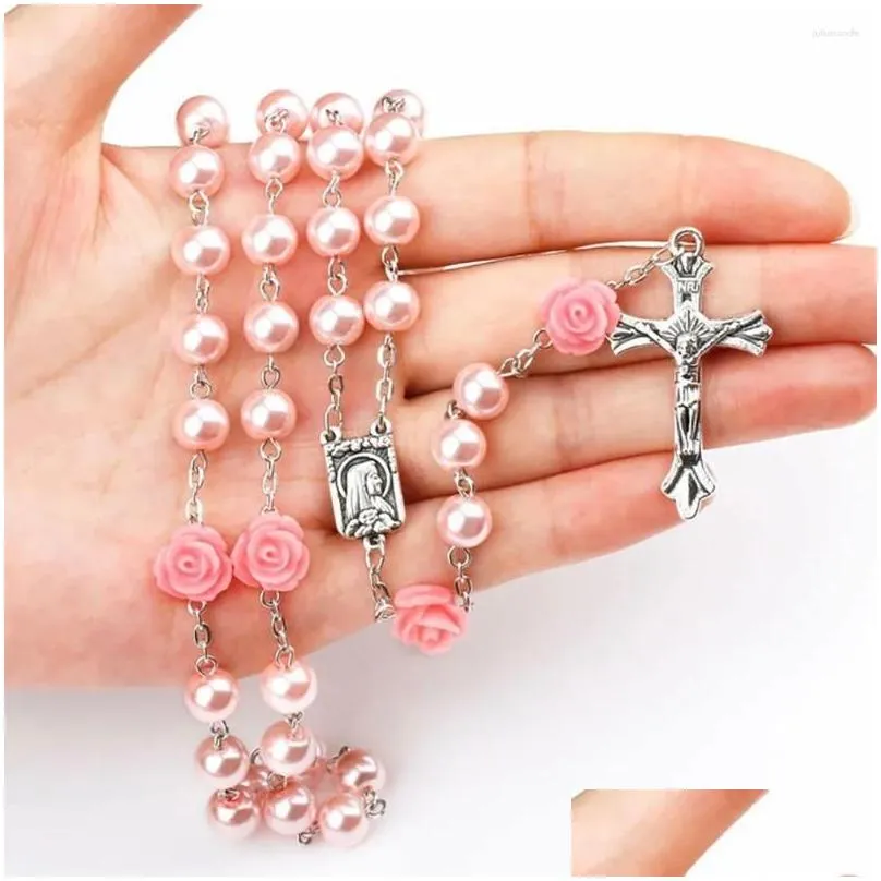 Pendant Necklaces 8MM Catholic Rosary Beads Necklace Christian Praying Glass Chain Cross For Women Mother Jewelry