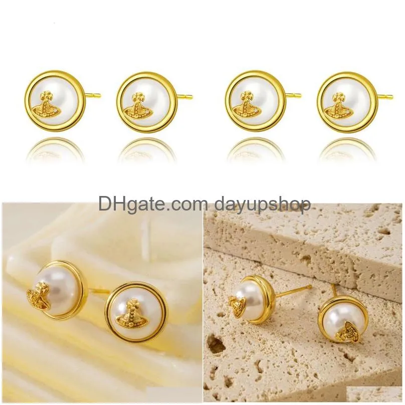 Stud Designer High Quality Western Empress Dowager Round Small Pearl Exquisite Light Fashion Versatile Earrings Live Broadcast Drop D Dh7Tu