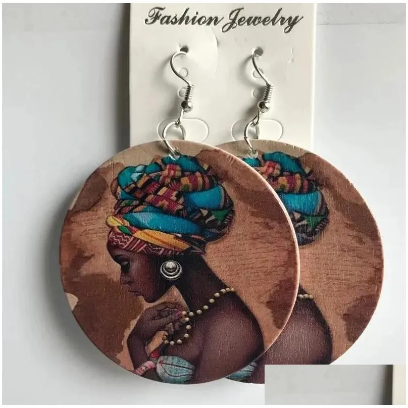 Dangle Earrings Fashion Vintage Wooden Disc Men Women Painted African Head Double Sided Printed Exaggerated Jewelry Gift