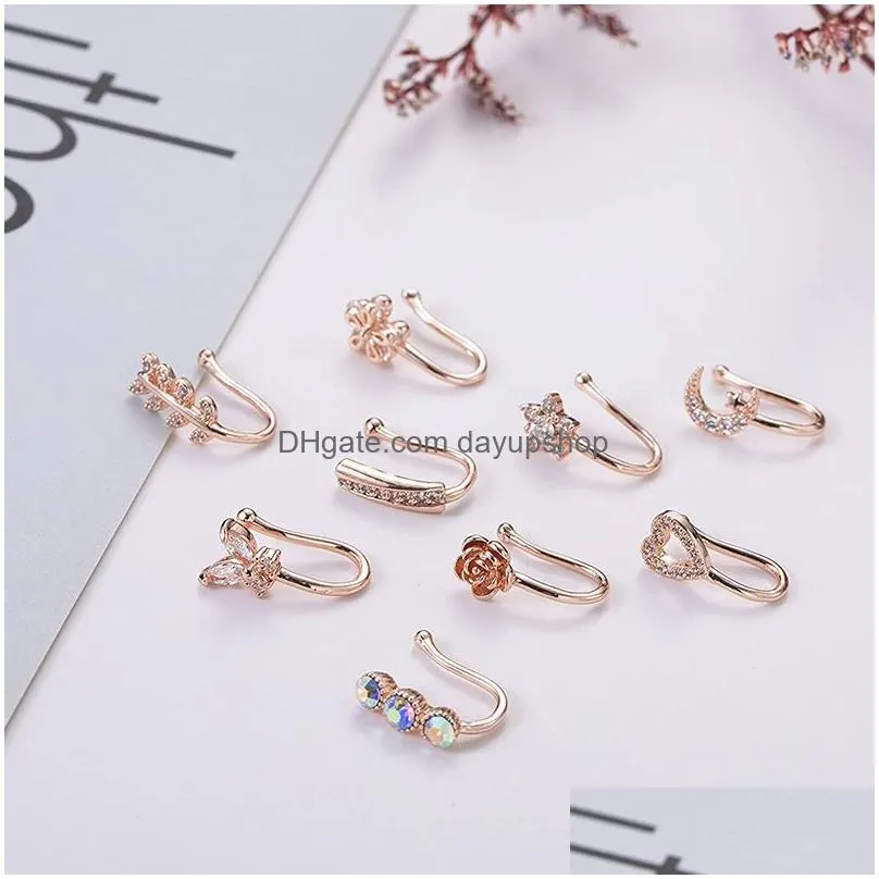 Nose Rings & Studs 9Pcs/Set Crystal Butterfly Fake Ring Non Piercing Clip On Indianstyle Heart Cuff Nariz Jewelry 220224 Drop Deliver Dhz3D