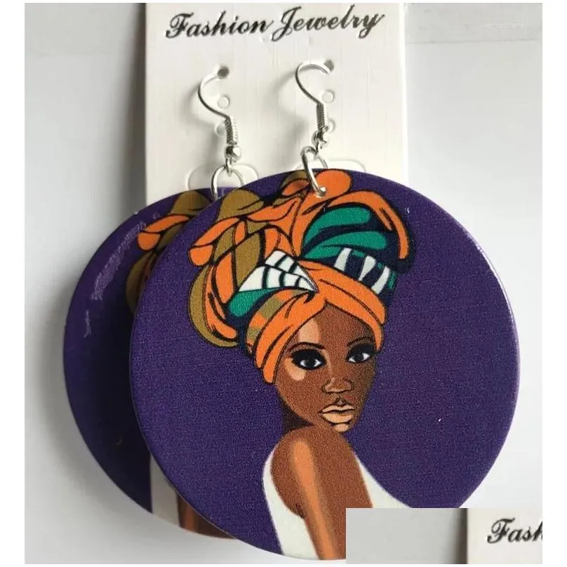 Dangle Earrings Fashion Vintage Wooden Disc Men Women Painted African Head Double Sided Printed Exaggerated Jewelry Gift