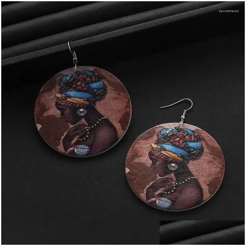 Dangle Earrings Fashion Vintage Wooden Disc Men Women Painted African Head Double Sided Printed Exaggerated Jewelry Gift