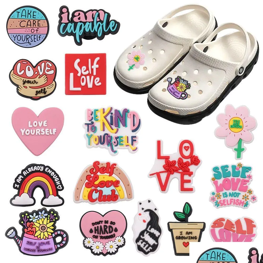 Wholesale 100Pcs PVC Self Love Club Take Care of Yourself Sandals Buckle Shoe Charms Woman Decorations For Backpack Button Clog