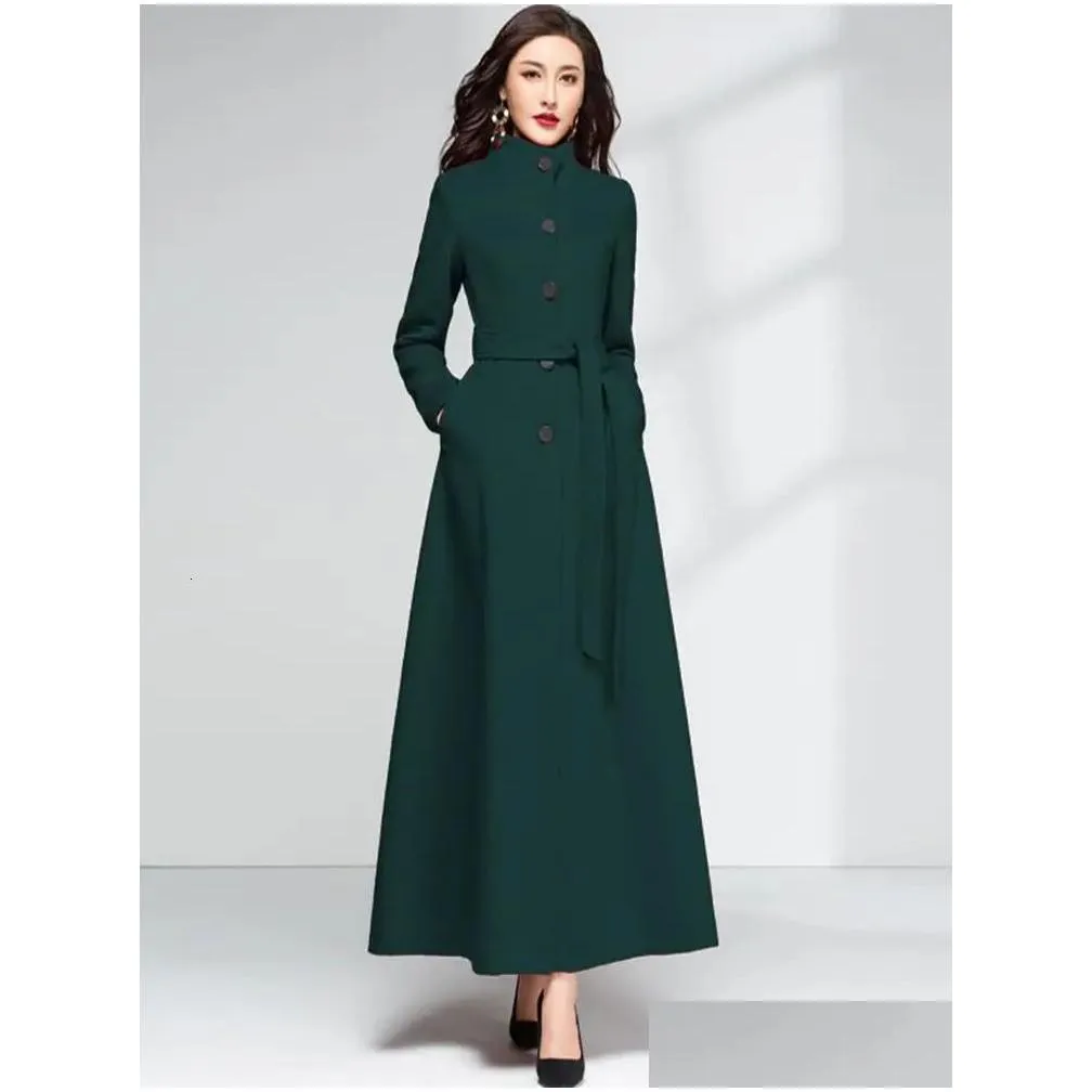 Women`s Wool Blends Women Overlength Woolen Coat Autumn Winter Fashion Stand Collar Thicken Warm Lacing Overcoat Slim Long Outerwear