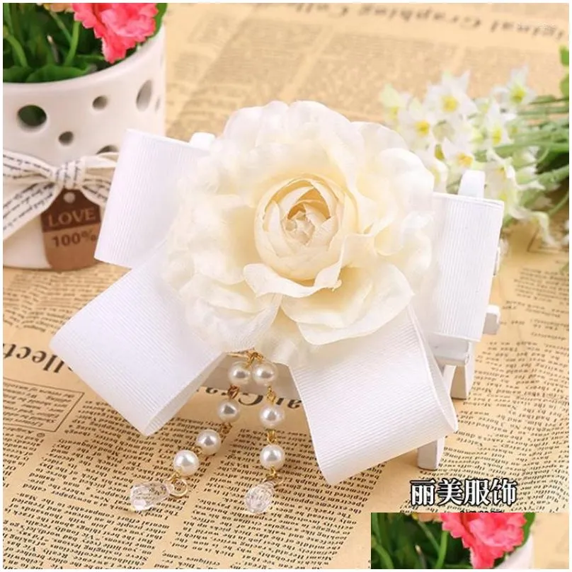 Bow Ties Small Fragrant Silk Thick Camellia Corsage Collar Pin Pearl Pendant Fringed Brooch French Tie Clothing Accessories